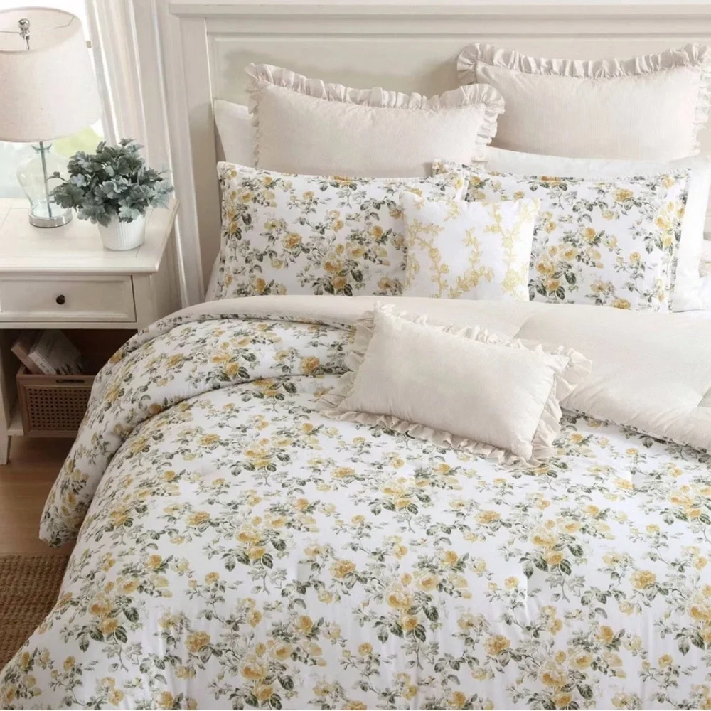 7pc BONUS Comforter Sham Set Laura Ashley Roses Gold Full/Queen